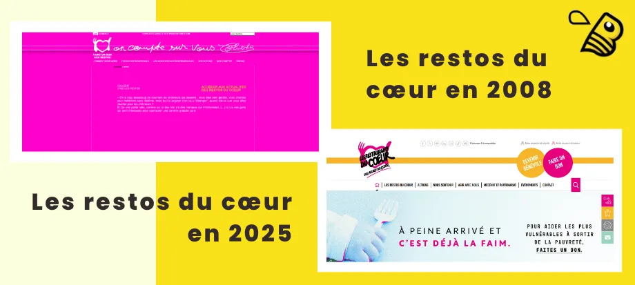 Les Restos du Coeur site WordPress, screenshot montrant l'évolution du site