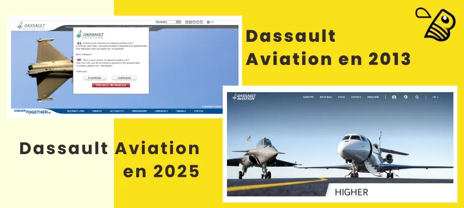 Dassault Aviation site WordPress, screenshot montrant l'évolution du site