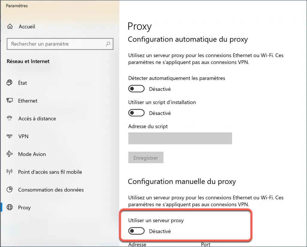 Désactiver Proxy sur Windows