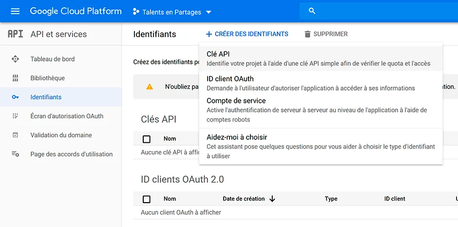 Créer sa clé API Google Maps étape 2