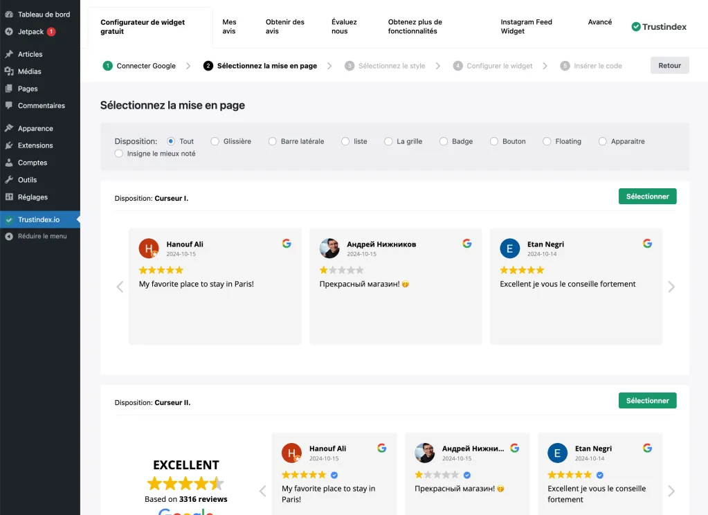 Mise en page widget avis