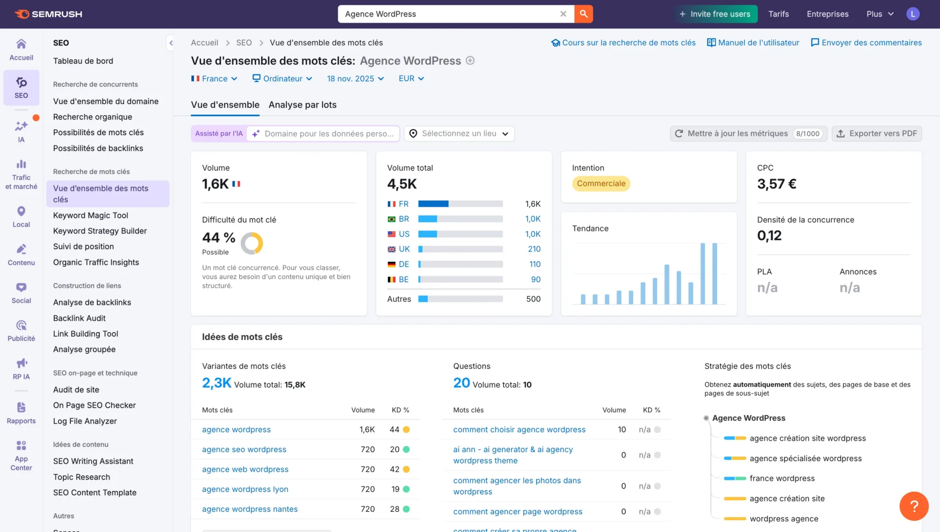 Requête cible sur SemRush