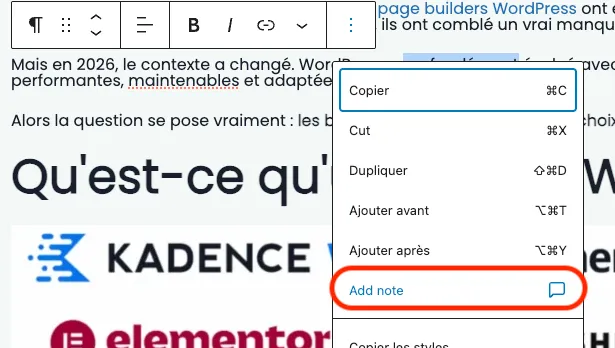 WordPress 6.9 Ajouter une note