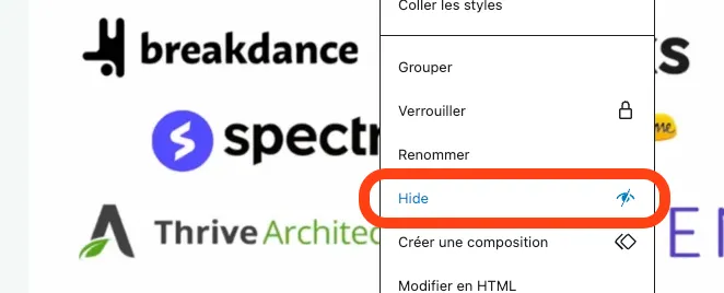 WordPress 6.9 Masquer un élément