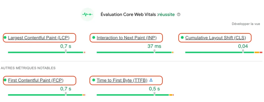 Différents score Core Web Vitals - AmphiBee