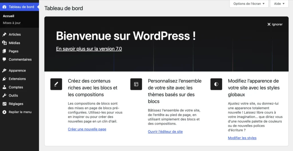 WordPress 7.0 - Nouvelle interface