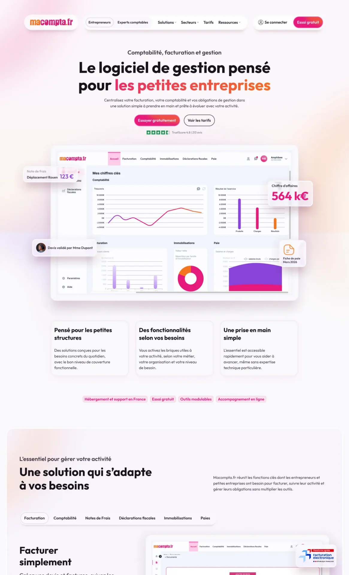 Prévisualisation de la homepage du site MaCompta réalisé par AmphiBee